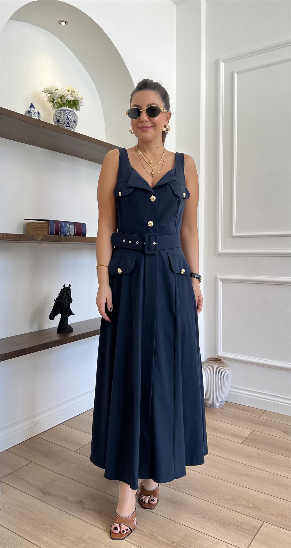 Gold Düğmeli Kalın Askılı Lacivert Elbise