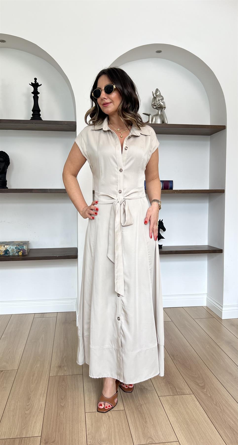 Kuşaklı Tencel Bej Midi Gömlek Elbise