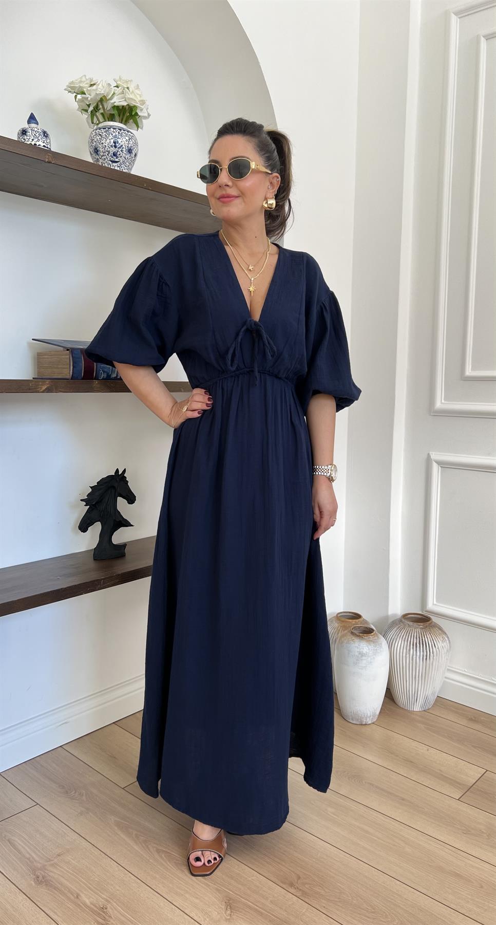 Müslin Önü Bağlamalı Lacivert Elbise