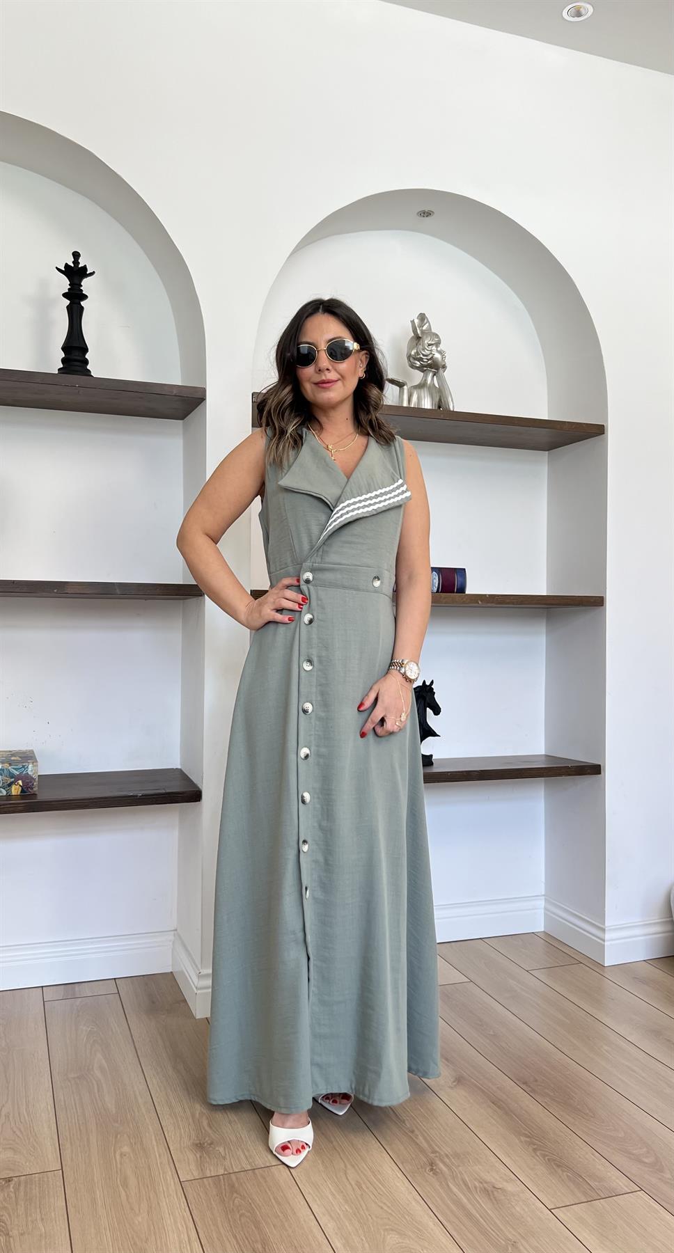 Yakası Biyeli Haki Kruvaze Elbise