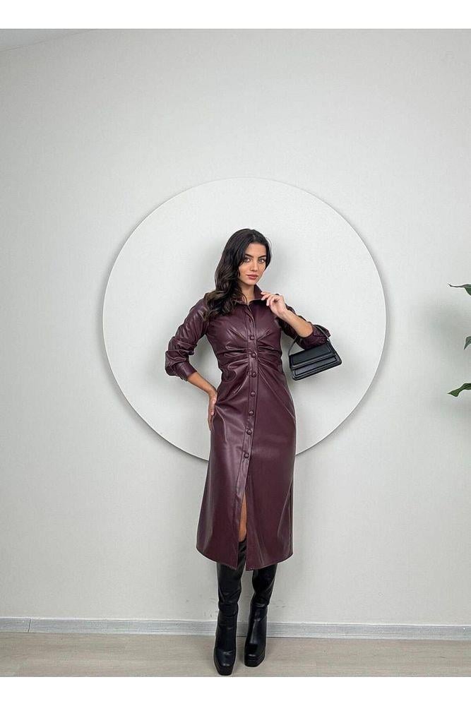 Kadın  Bordo Deri  Elbise