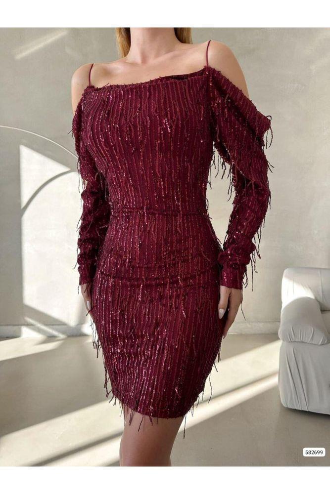 bordo ince askılı astarlı pul payet mini abiye elbise