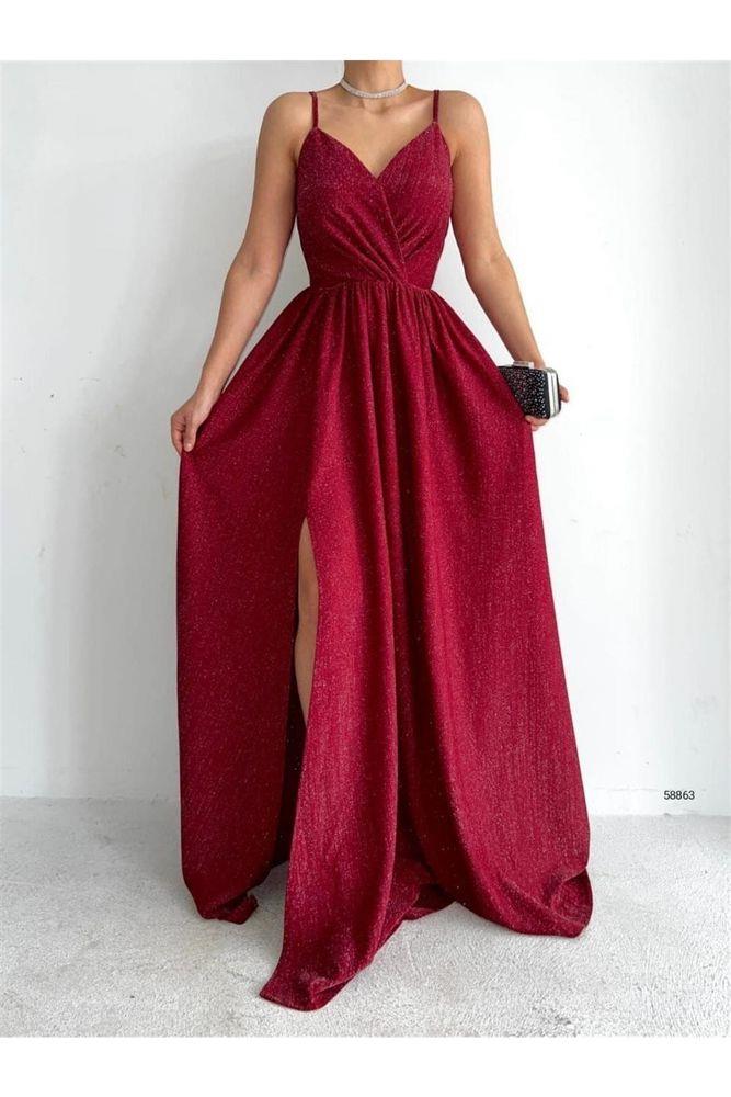 Bordo Simli Yırtmaçlı Abiye Elbise