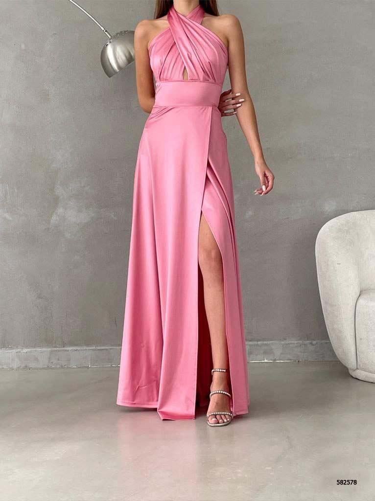 Boyun bağlamalı saten pembe abiye elbise