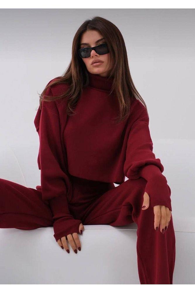 Kadın Bordo Balıkçı Yaka  Uzun Kol El Geçirmeli Alt Üst Triko Takım