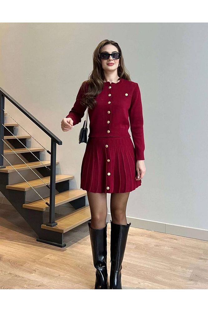 Kadın Bordo Düğme Aksesuar Detaylı Triko İkili Takım Elbise