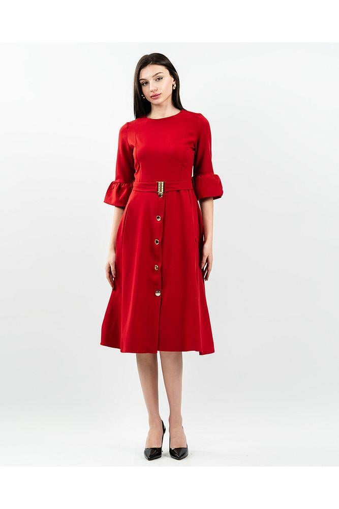 Kadın Kırmızı Düğme Detaylı Truvakar Kol Kemerli Midi Abiye Elbise