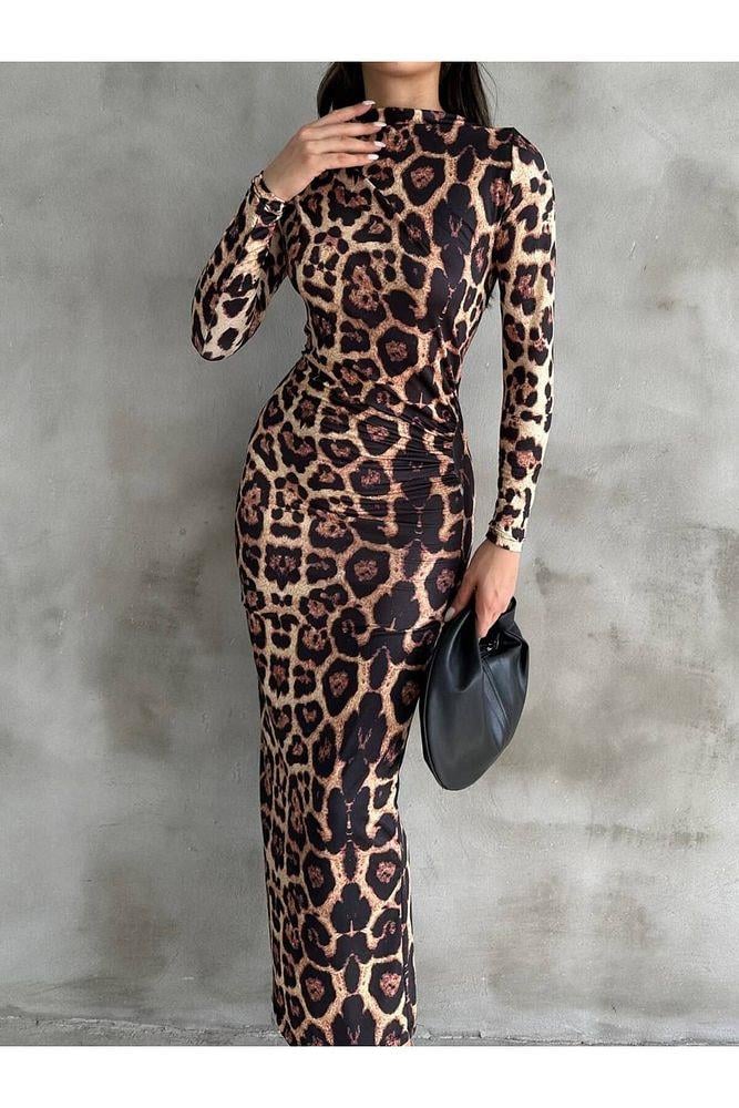 kadın leopar desenli maxi boy abiye elbise