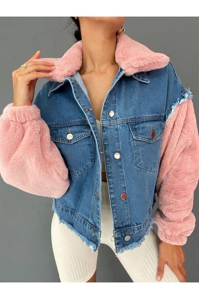 Kadın pembe peluş detaylı denim kot ceket