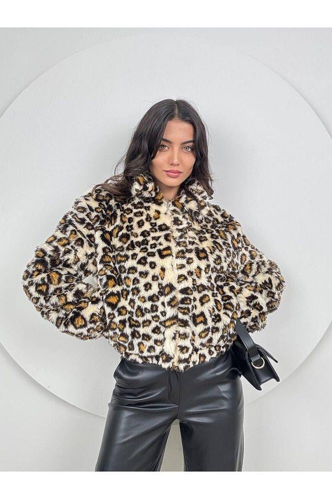 Leopar Desen Fermuarlı Peluş Mont