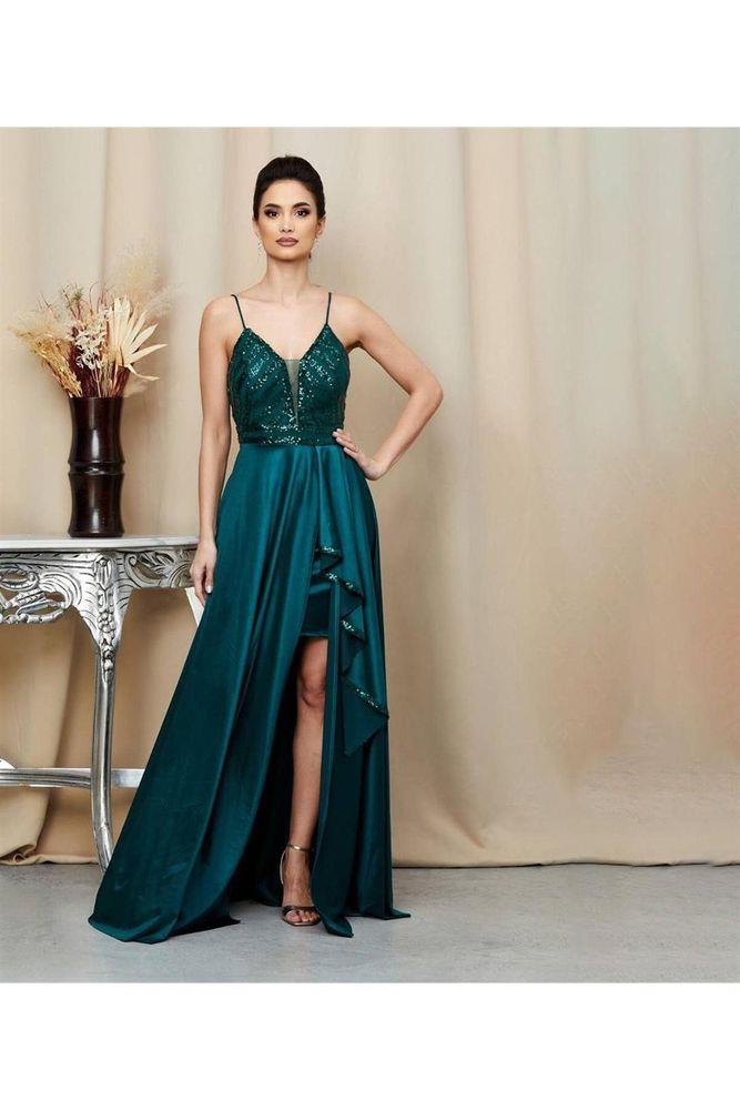 Üzeri Pullu Askılı Saten Abiye Elbise