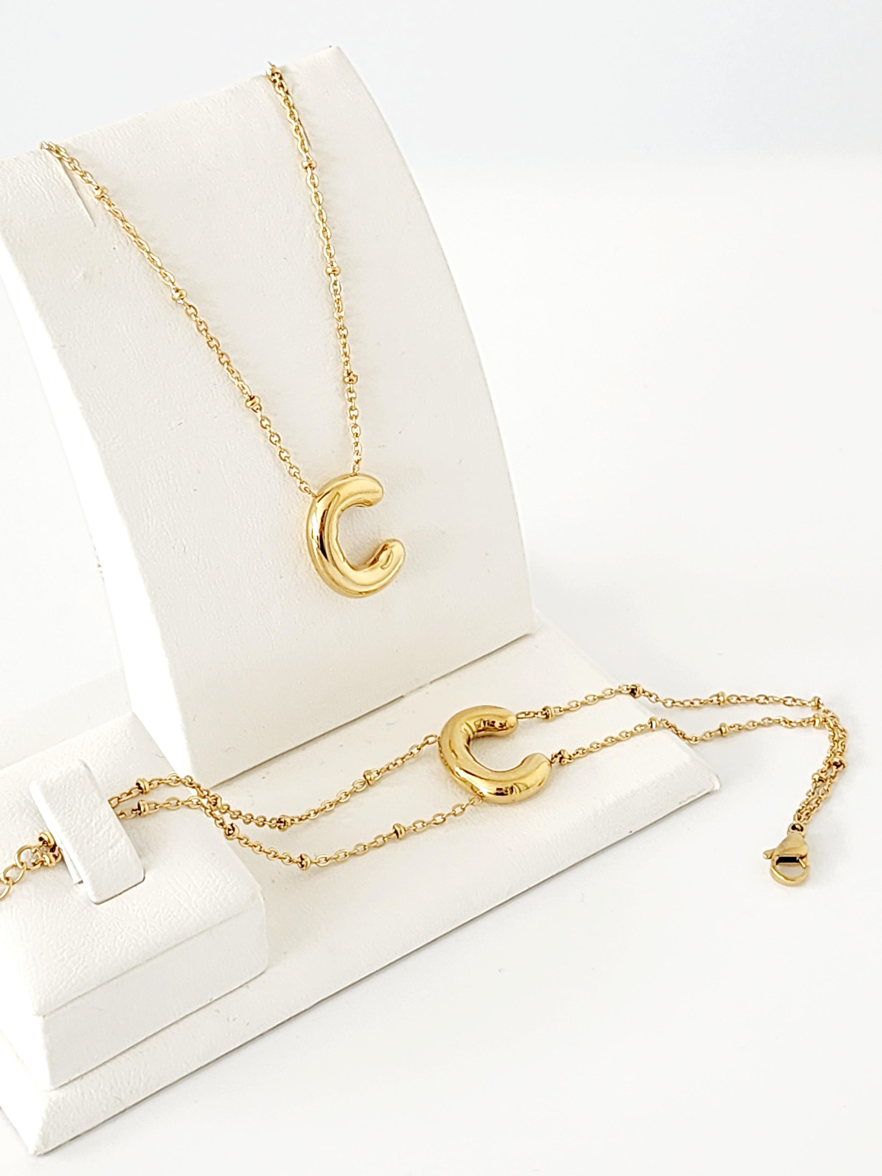 Çelik Gold Balon C Harfi Kolye, Bileklik Kombin