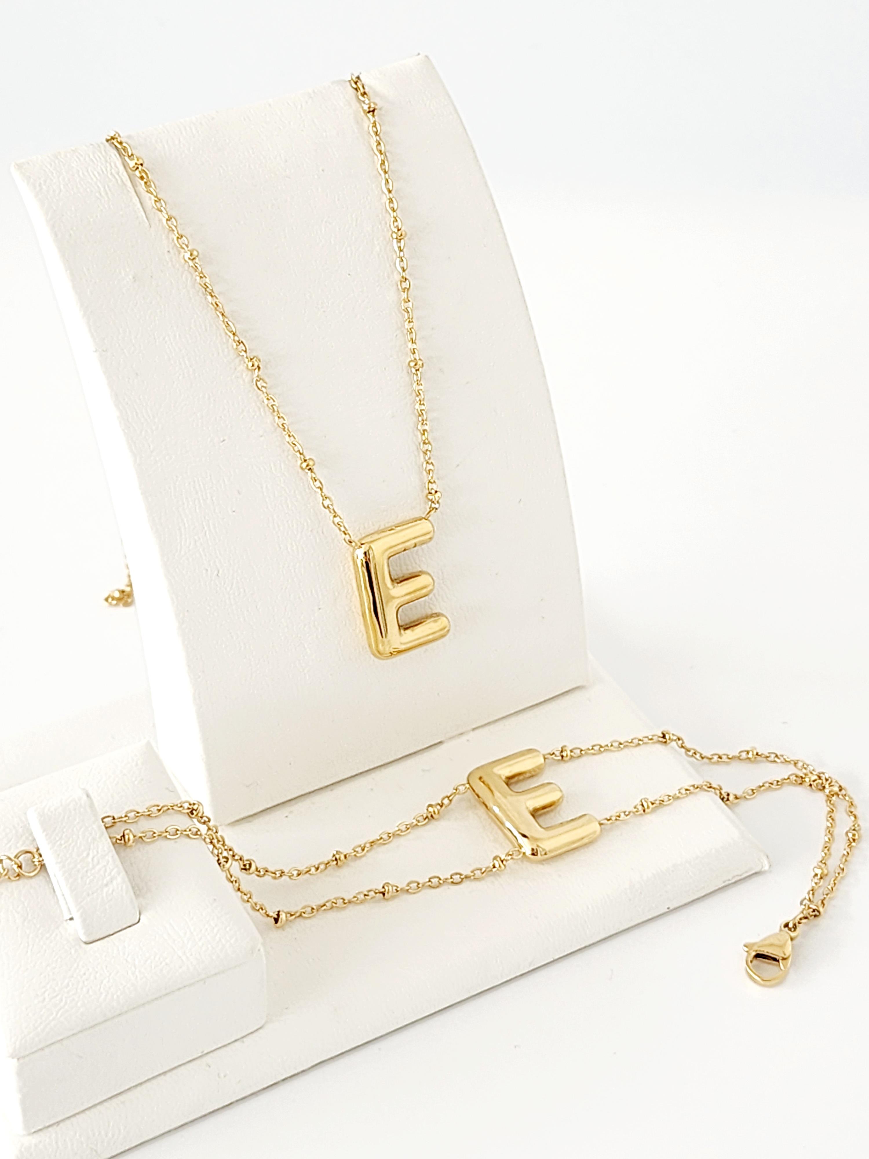 Çelik Gold Balon E Harfi Kolye, Bileklik Kombin