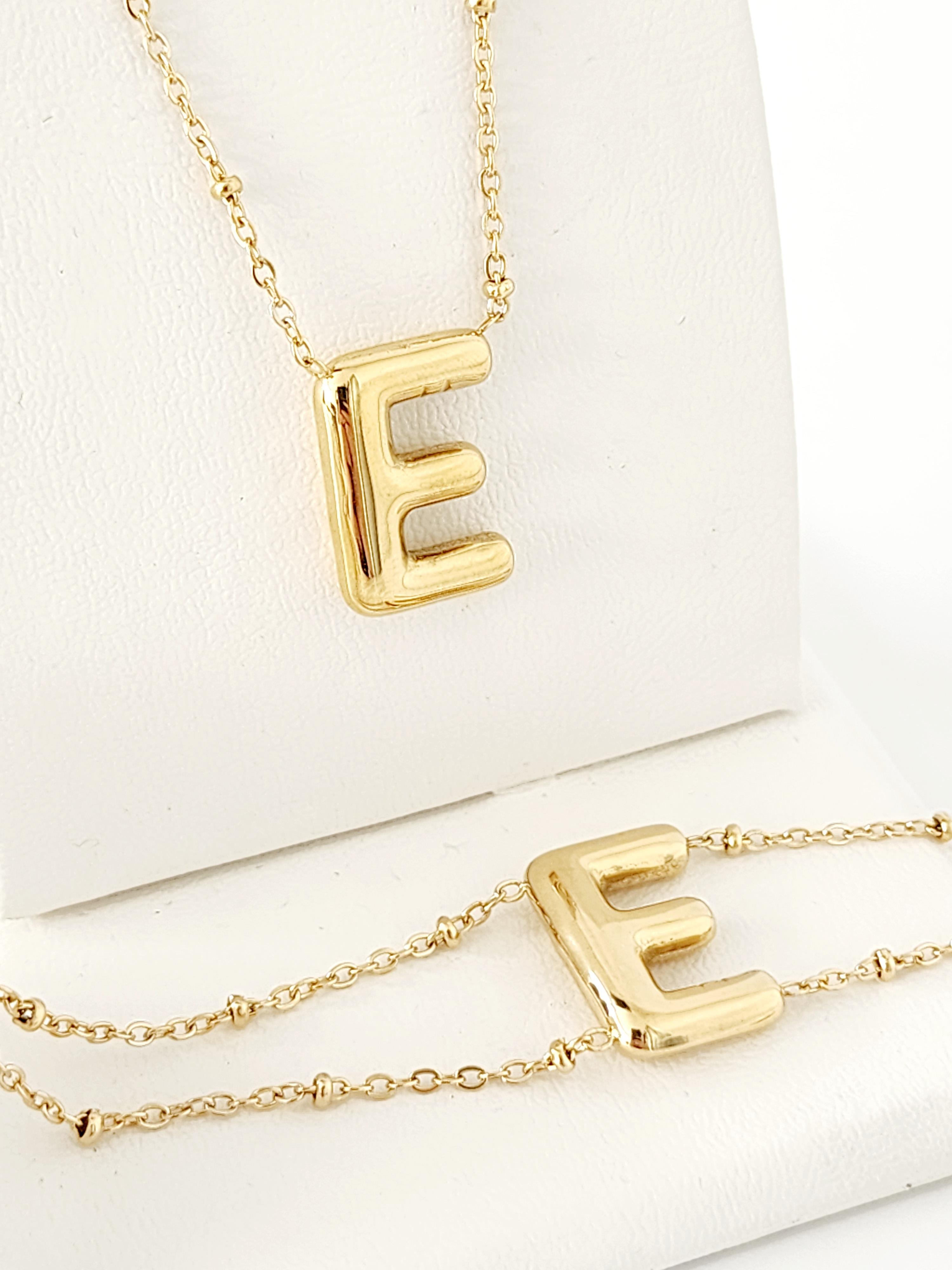 Çelik Gold Balon E Harfi Kolye, Bileklik Kombin