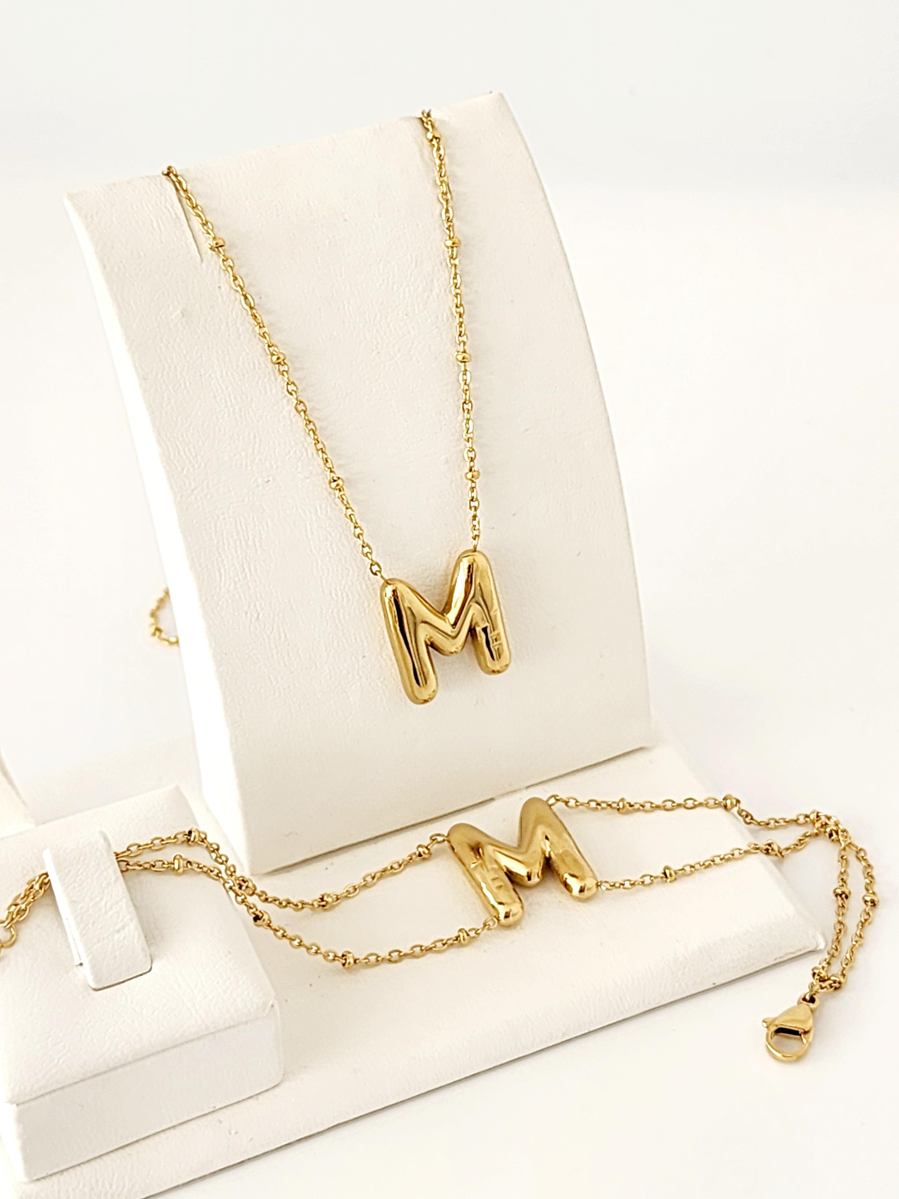 Çelik Gold Balon M Harfi Kolye, Bileklik Kombin