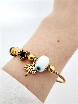 Beyaz Boncuklu Charm Kelepçe Bileklik