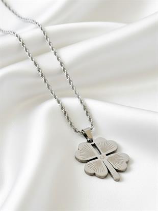 Çelik Silver Yonca Uçlu Burgu Kolye 45 cm