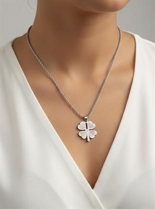 Çelik Silver Yonca Uçlu Burgu Kolye 45 cm