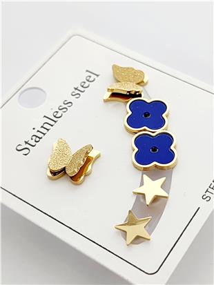 Kelebek Detaylı Yıldızlı Gold 6lı Küpe Seti