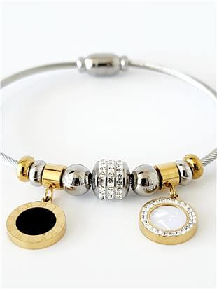 Siyah Taşlı Silver Charm Kelepçe Bileklik