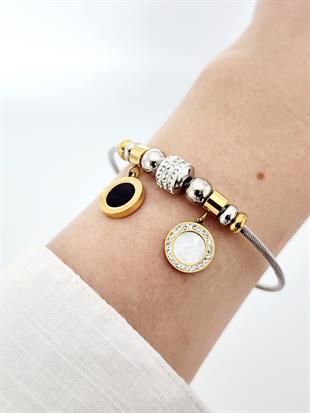 Siyah Taşlı Silver Charm Kelepçe Bileklik