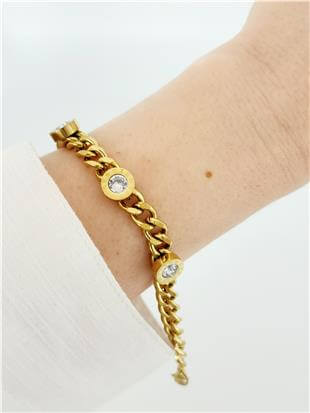 Üç Taşlı Gold Kalın Zincir Bileklik