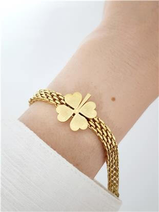 Yonca Model Geniş Zincirli Gold Bileklik