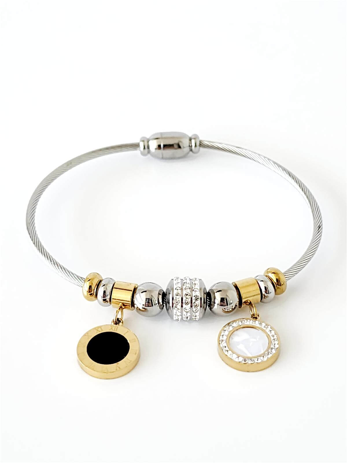 Siyah Taşlı Silver Charm Kelepçe Bileklik