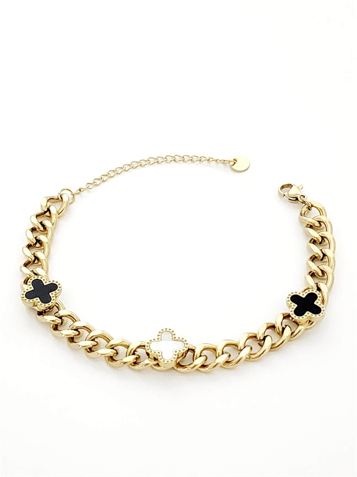 Siyah&Beyaz Yonca Gold Retro Zincir Bileklik