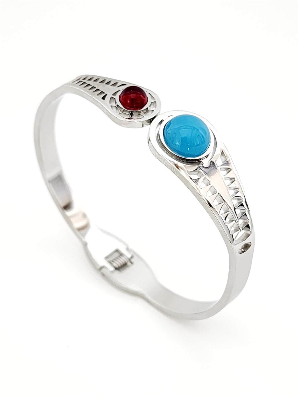 Sultan Model Bordo-Turkuaz Taşlı Silver Kelepçe Bileklik