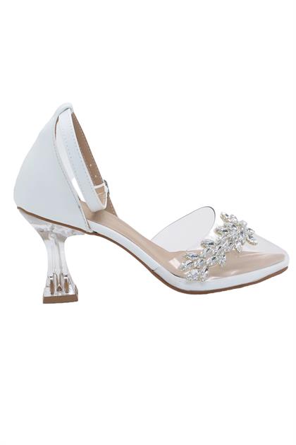 Bluefeet K044 Beyaz Şefaf Taşlı 7 Cm Topuklu Kadın Ayakkabı