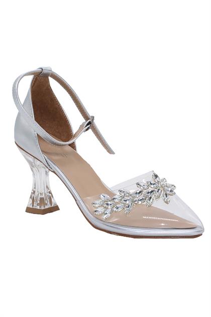 Bluefeet K044 Gümüş Şefaf Taşlı 7 Cm Topuklu Kadın Ayakkabı