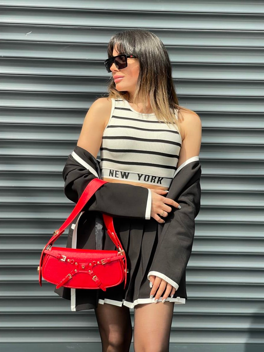 NEW YORK YAZILI ÇİZGİLİ CROP