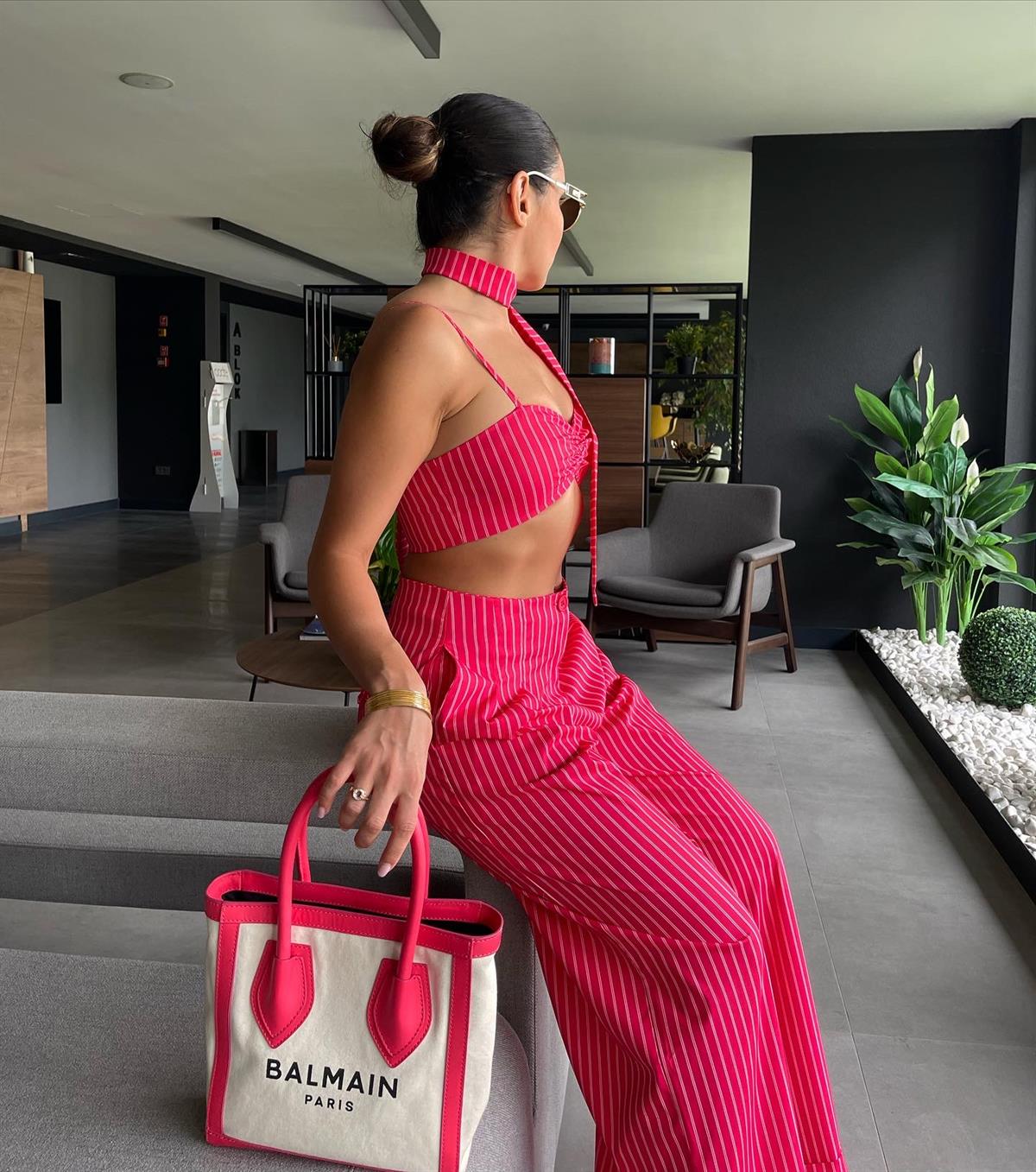 PEMBE ÇİZGİLİ CROP PANTOLON TAKIM