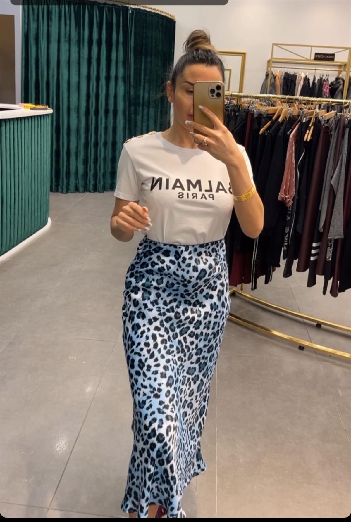 SATEN LEOPAR DESEN MAVİ ETEK