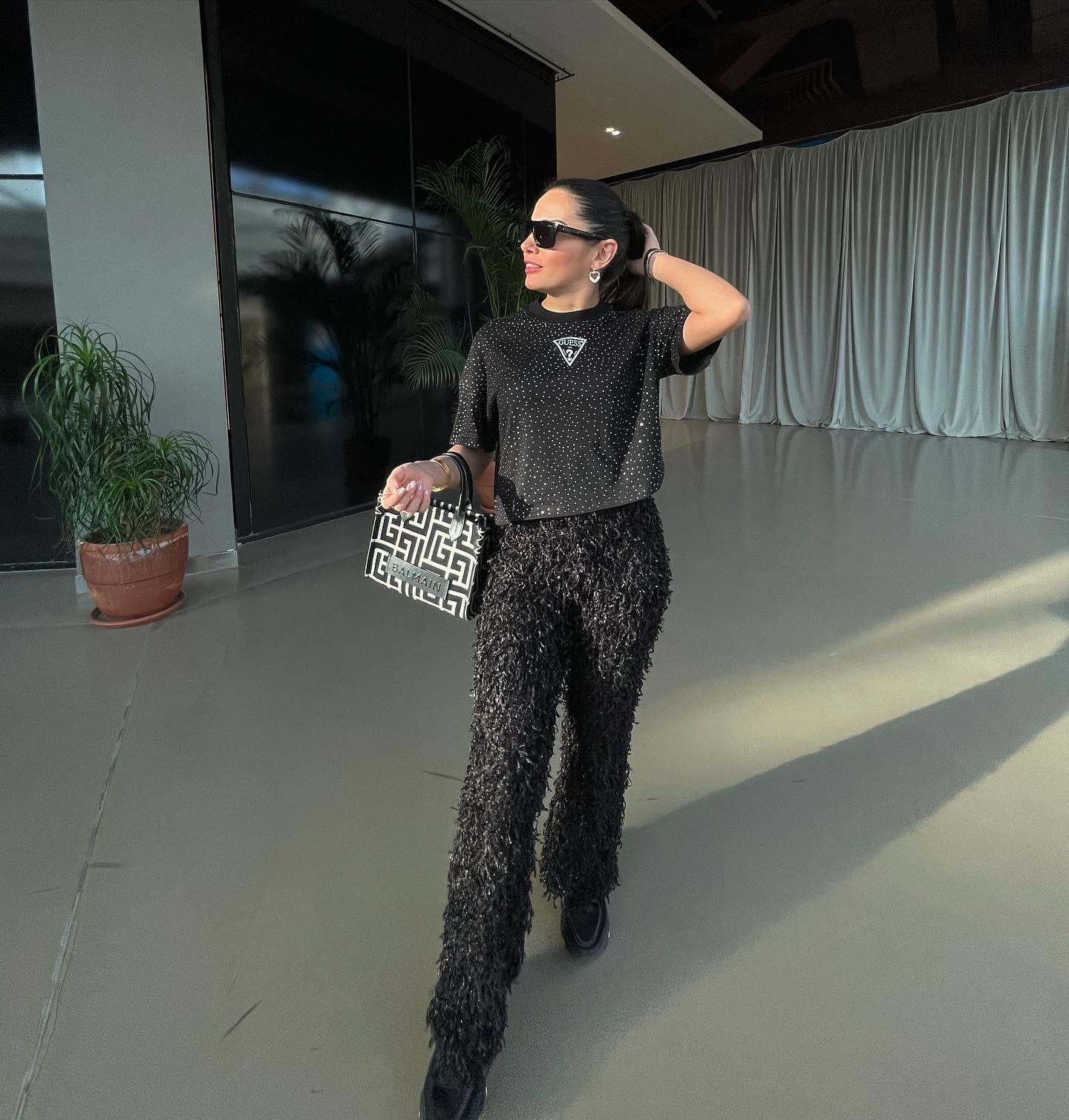 SİMLİ SİYAH TRANSPARAN ÖRME PANTOLON