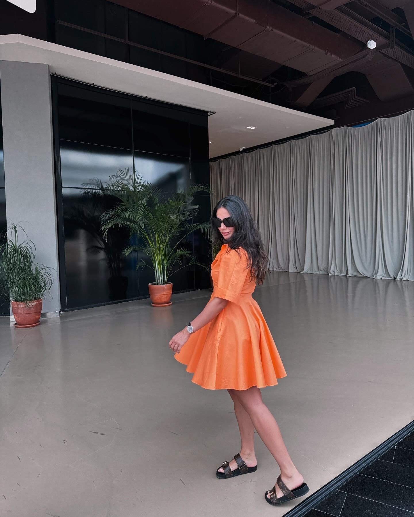 TURUNCU CEPLİ GÖMLEK ELBİSE