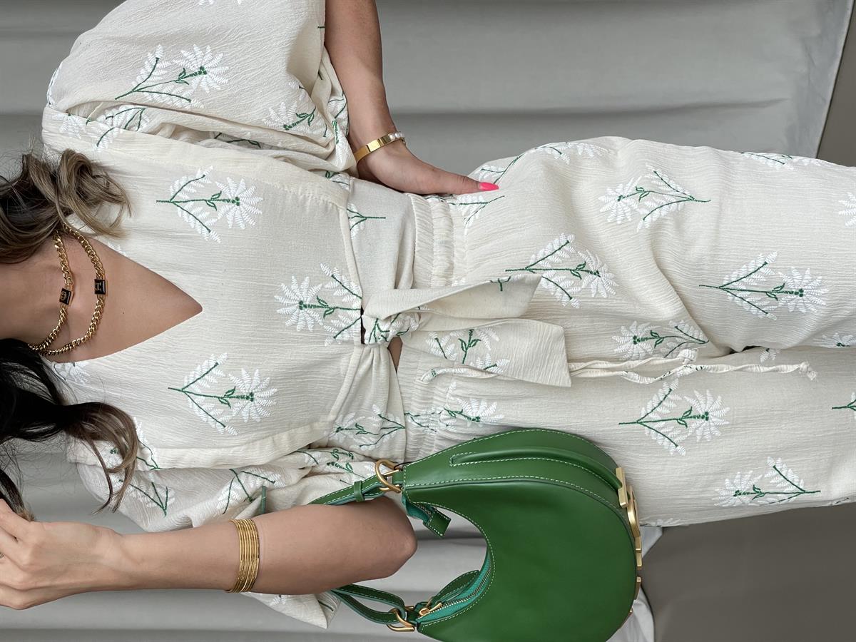 YEŞİL ÇİÇEK DESENLİ KETEN CROP PANTOLON TAKIM