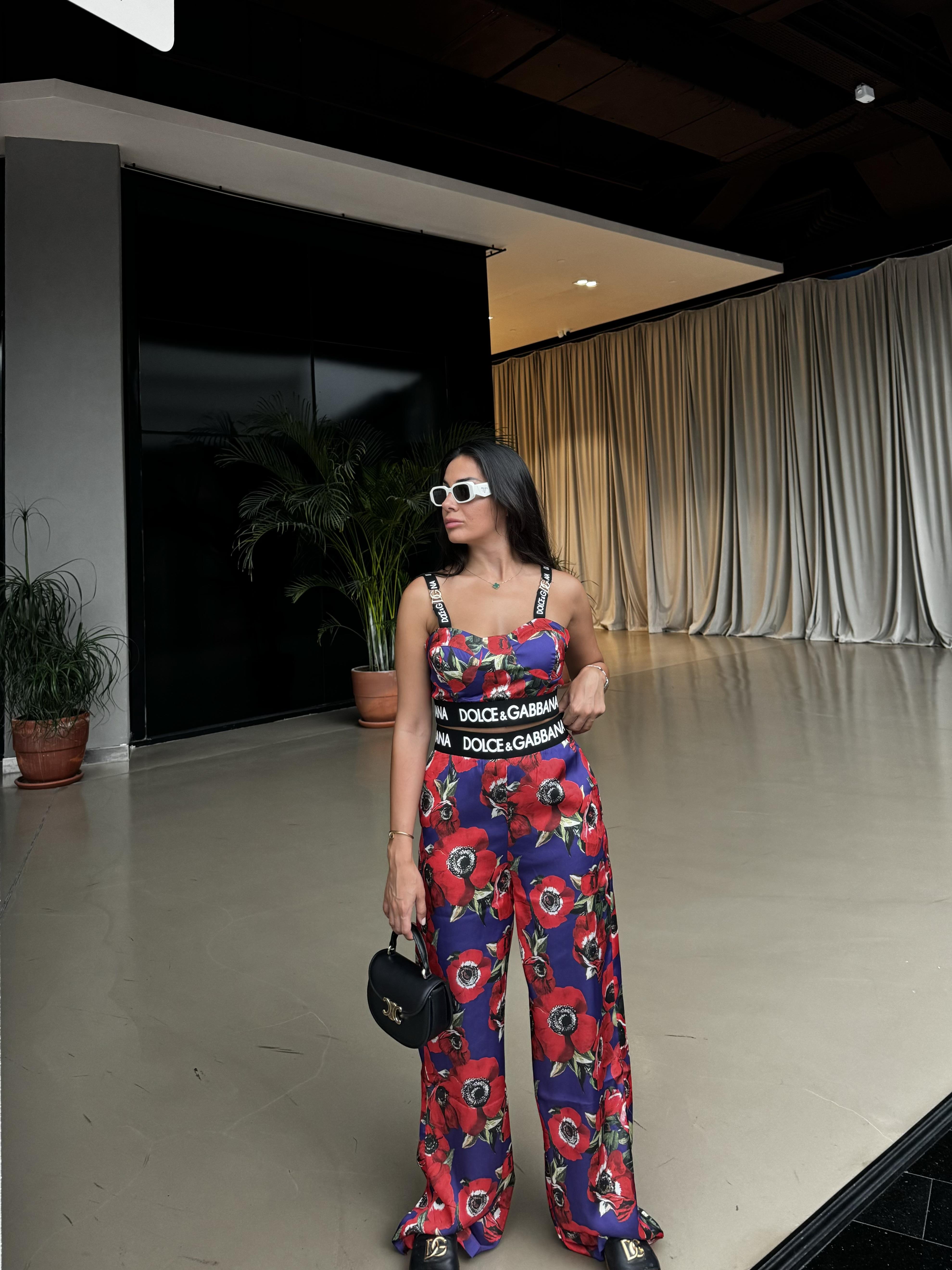 GÜL DESENLİ SATEN PANTALON CROP TAKIM 