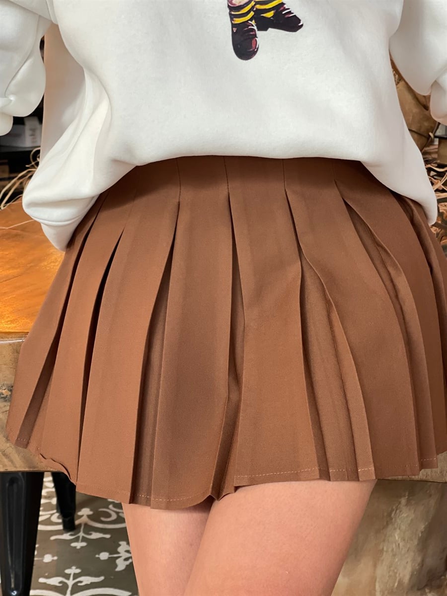 KAHVE PLİSELİ ŞORT ETEK