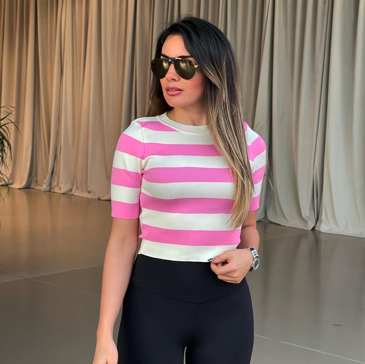 PEMBE ÇİZGİLİ KISA KOL TRİKO