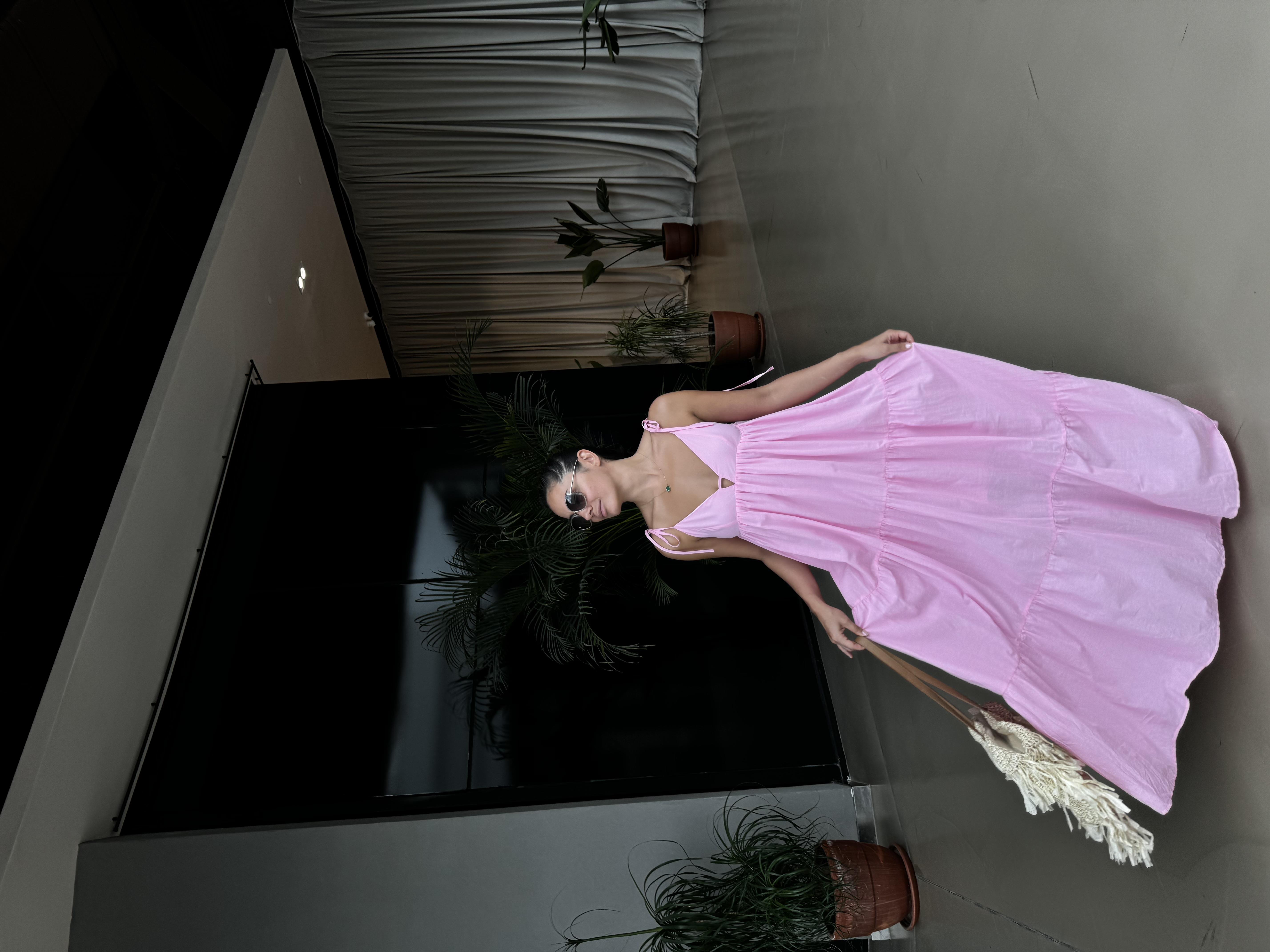 PEMBE İP ASKILI UZUN ELBİSE