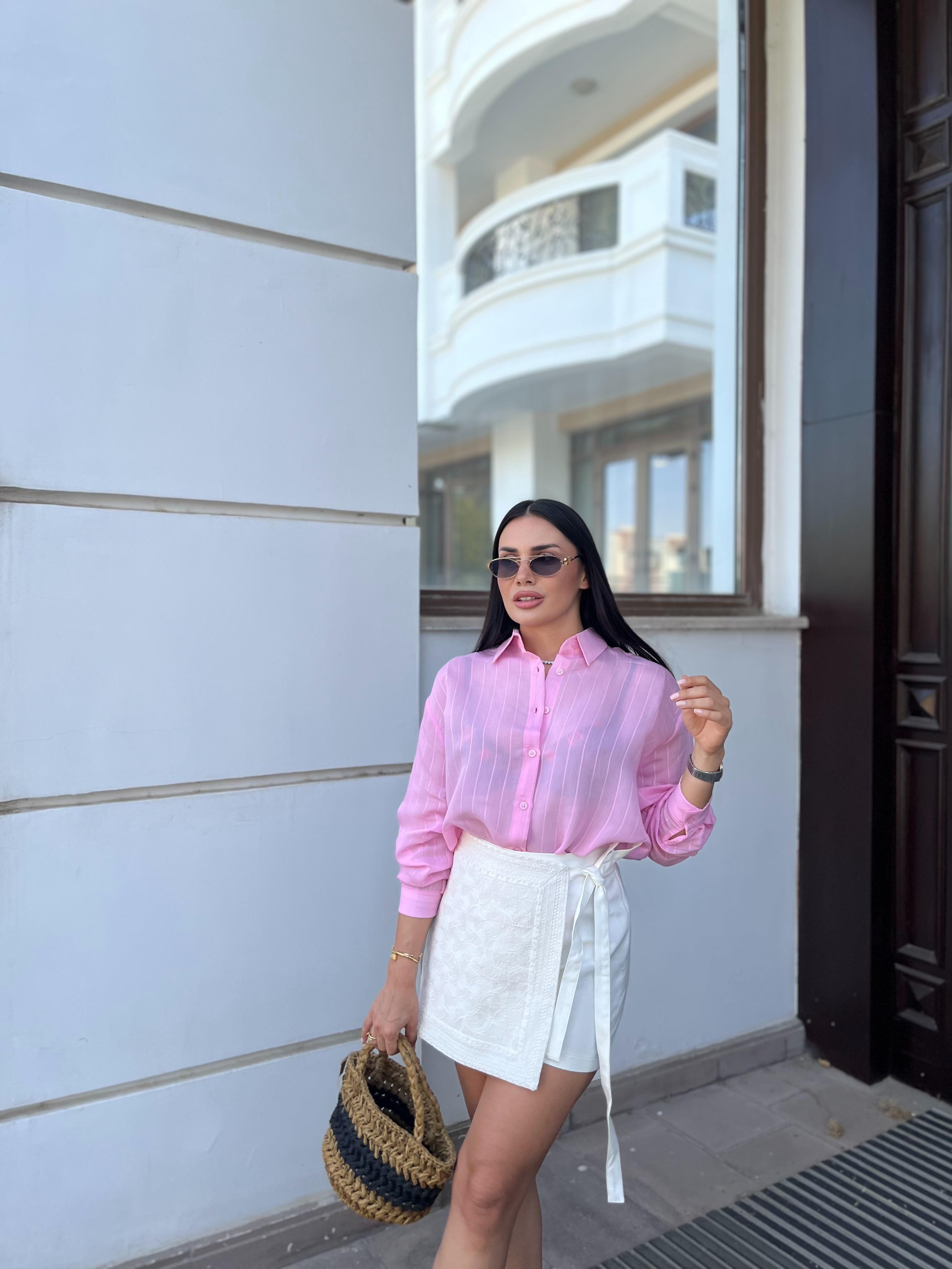 PEMBE ŞETİRLİ GÖMLEK 