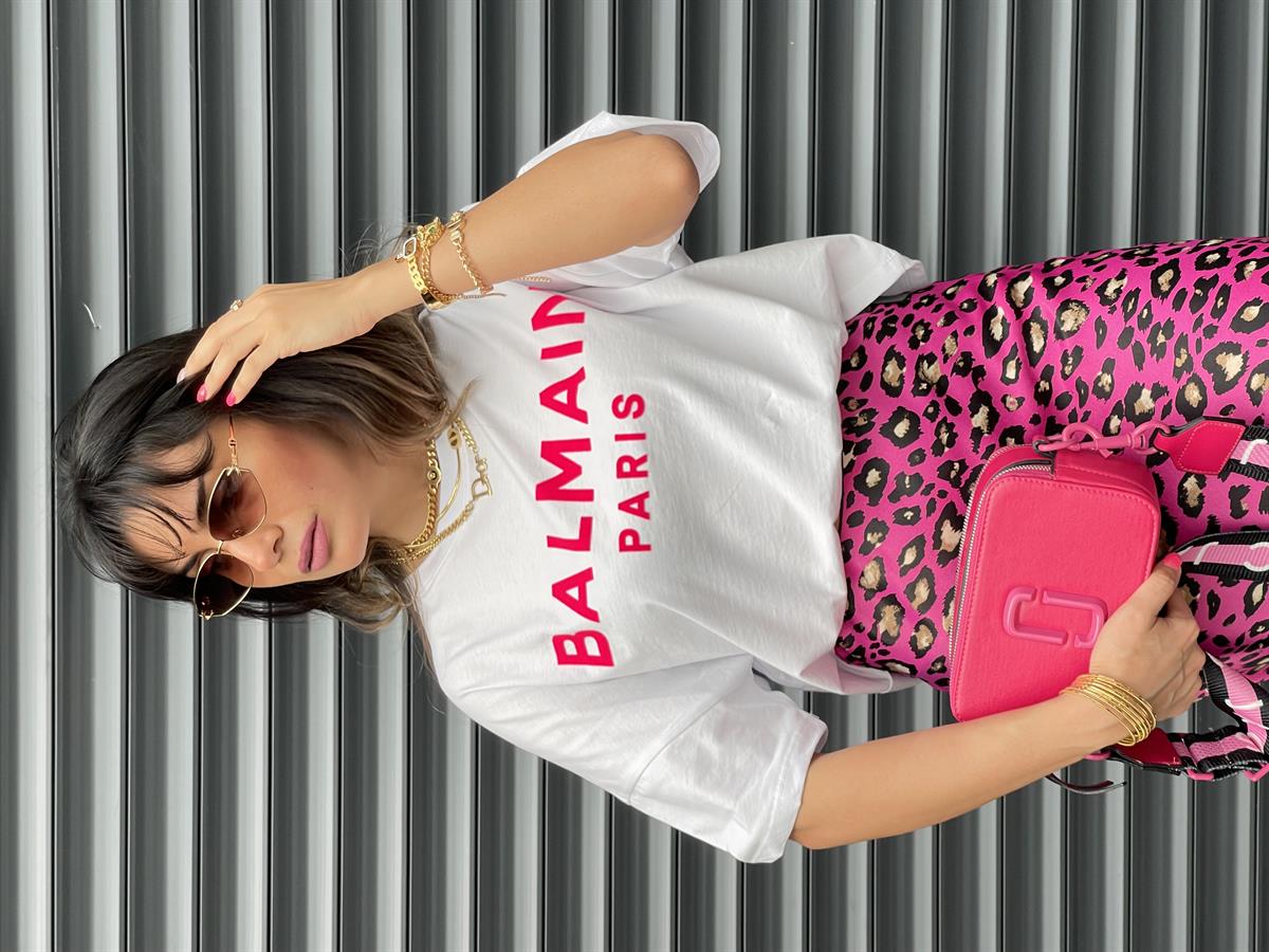 PEMBE YAZILI BALMAIN BEYAZ T-SHIRT