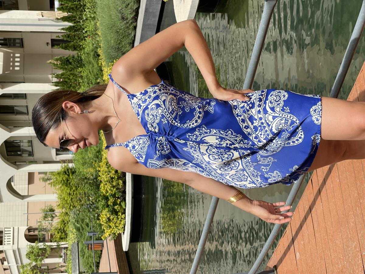 SAKS MAVİ SATEN MİNİ ELBİSE