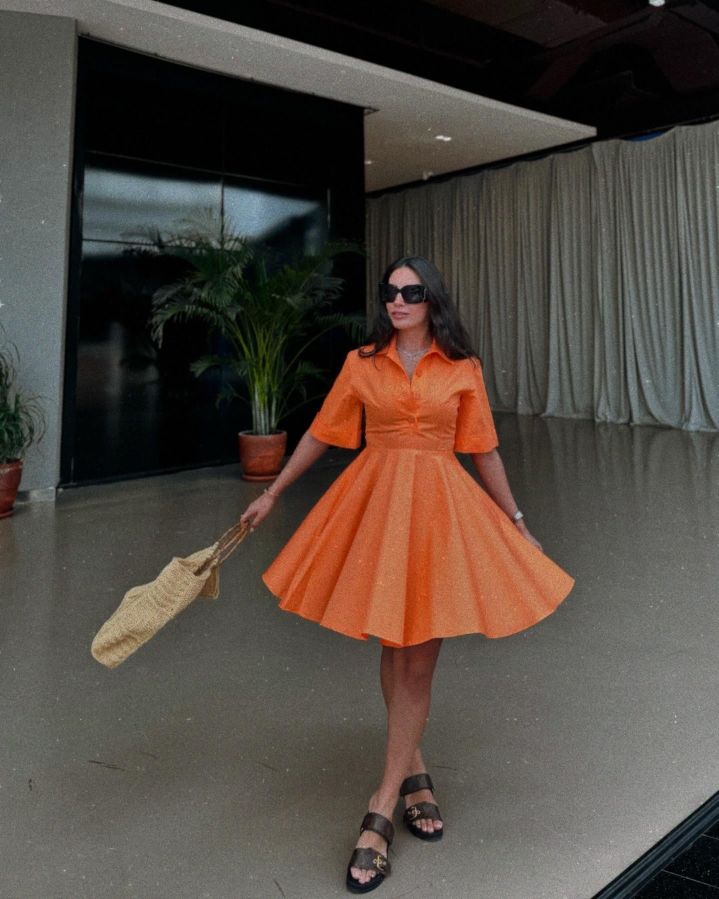 TURUNCU CEPLİ GÖMLEK ELBİSE