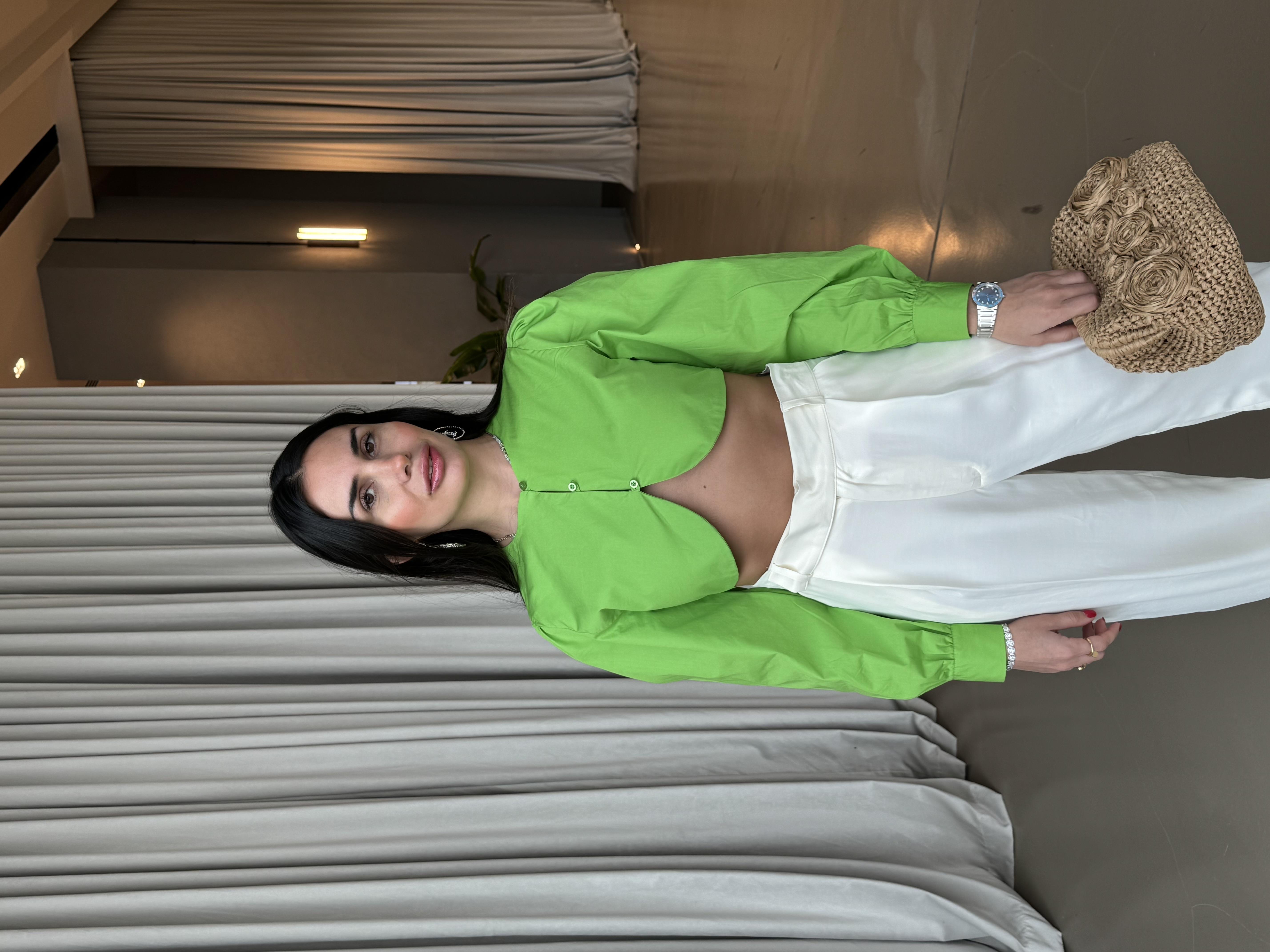 YEŞİL BALON KOL CROP GÖMLEK