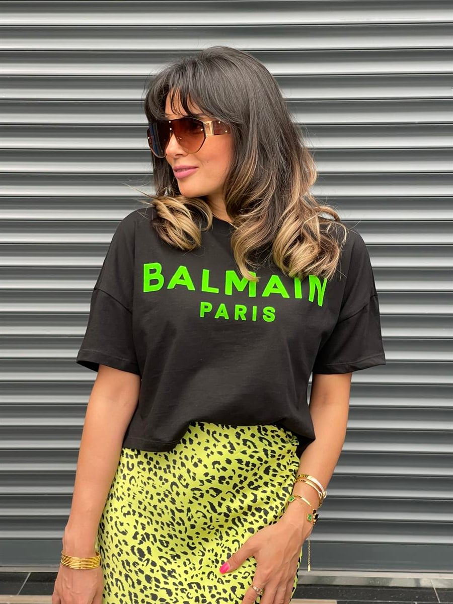 YEŞİL NEON YAZILI BALMAIN SİYAH T-SHIRT