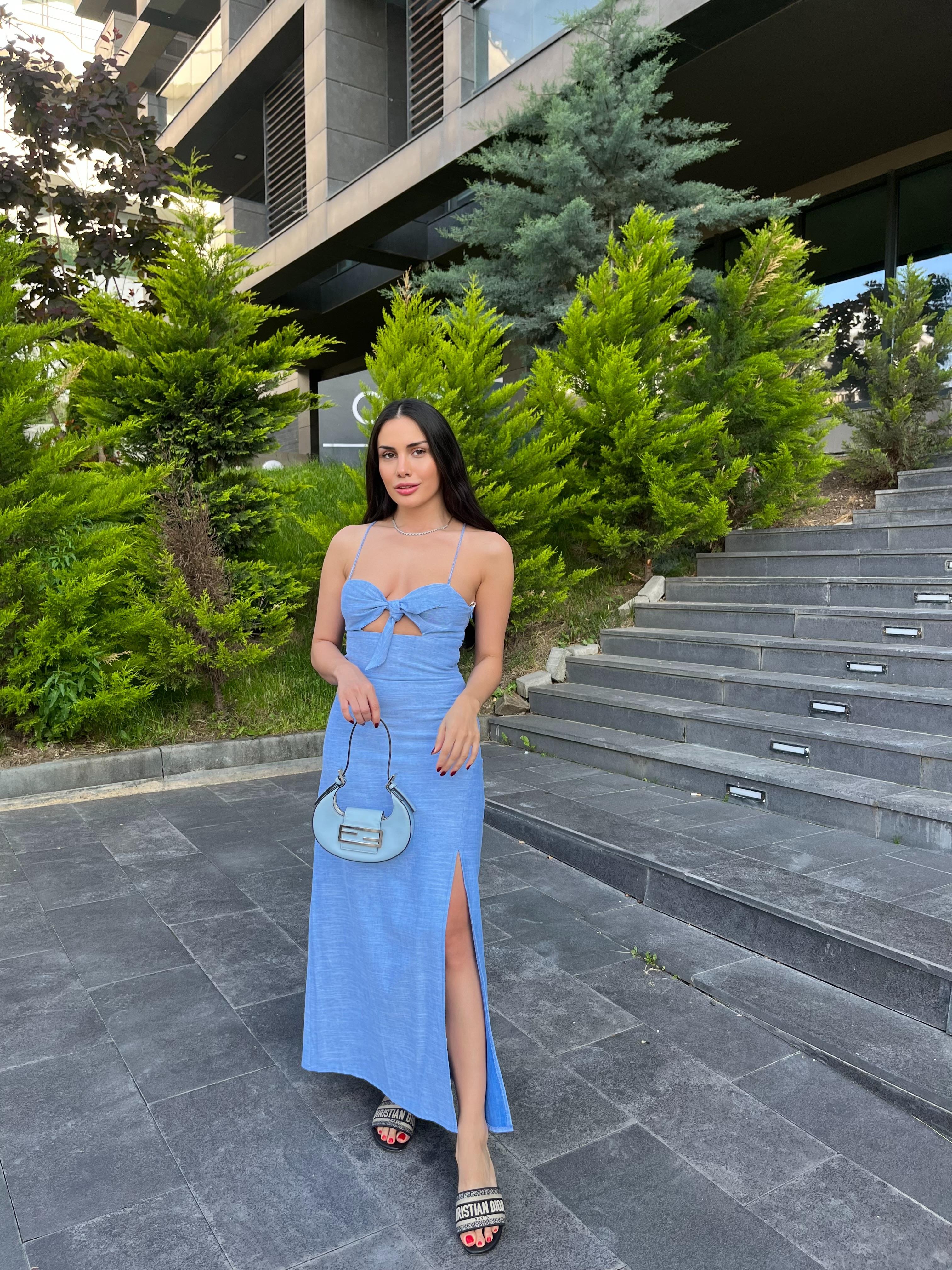 YIRTMAÇLI MİDİ ELBİSE 