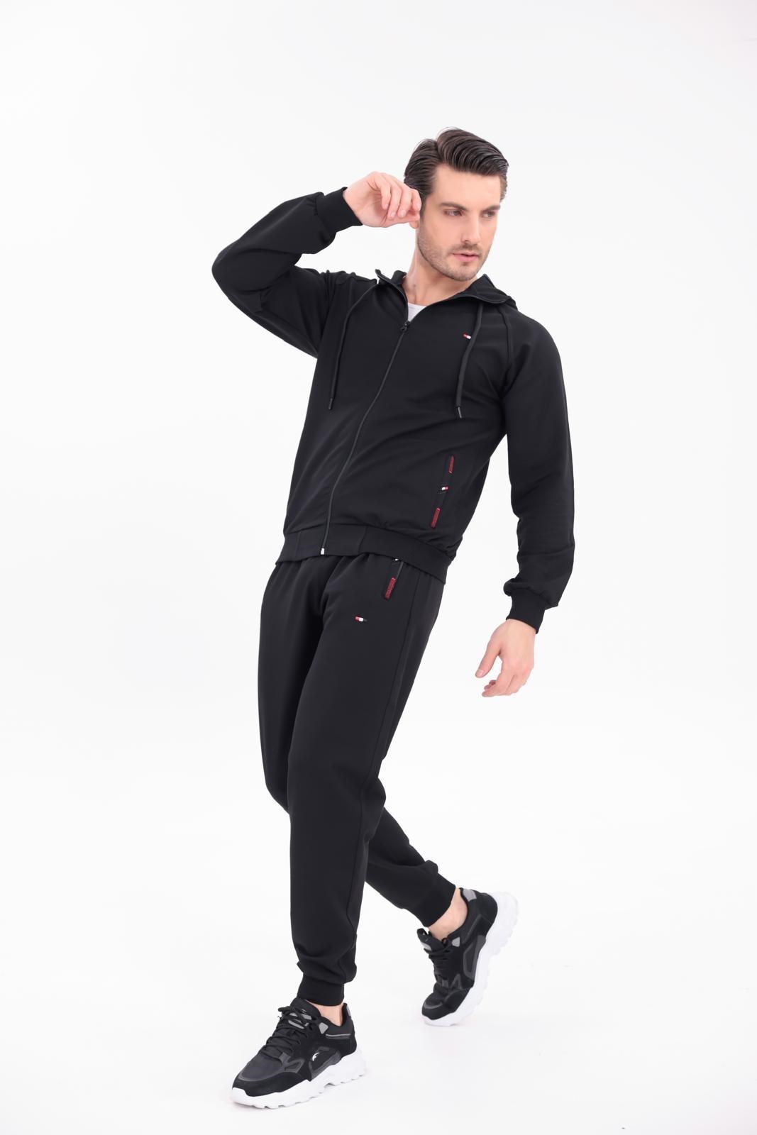 Siyah Modern Konfor Kapüşonlu Fermuarlı Üst ve Jogger Alt Eşofman Takımı